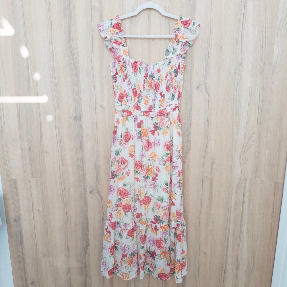 Mine Womens Floral‎ Smocked Midi Dress Size L Multicolor Ruffle Cottage Romantic